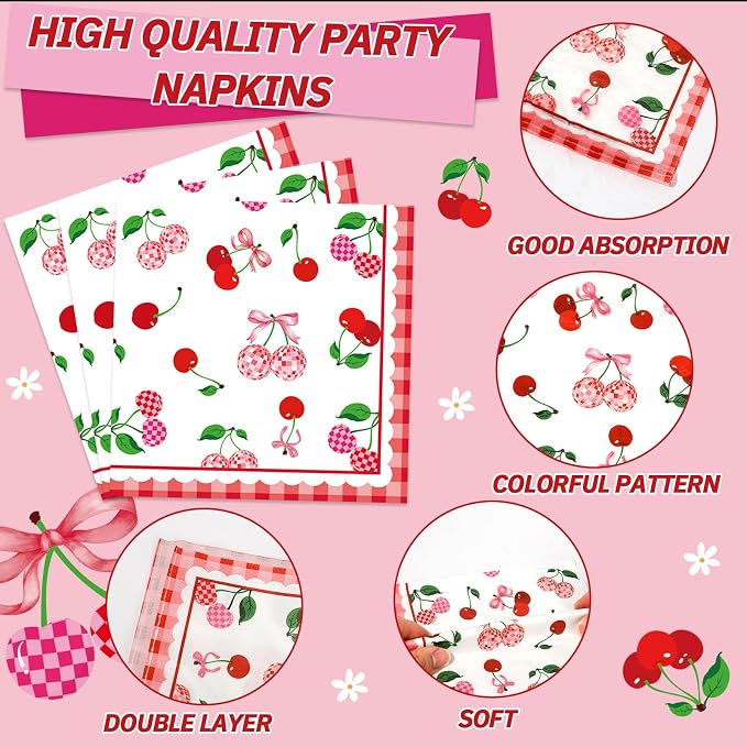 96Pcs Cherries Theme Plates and Napkins Pink Bow Cherry Birthday Party Decoration Disco Ball Disposable Dessert Cake Plates Cherries Paper Dinner Tableware for 24 Guests Girls Boys Kids Party Supplies