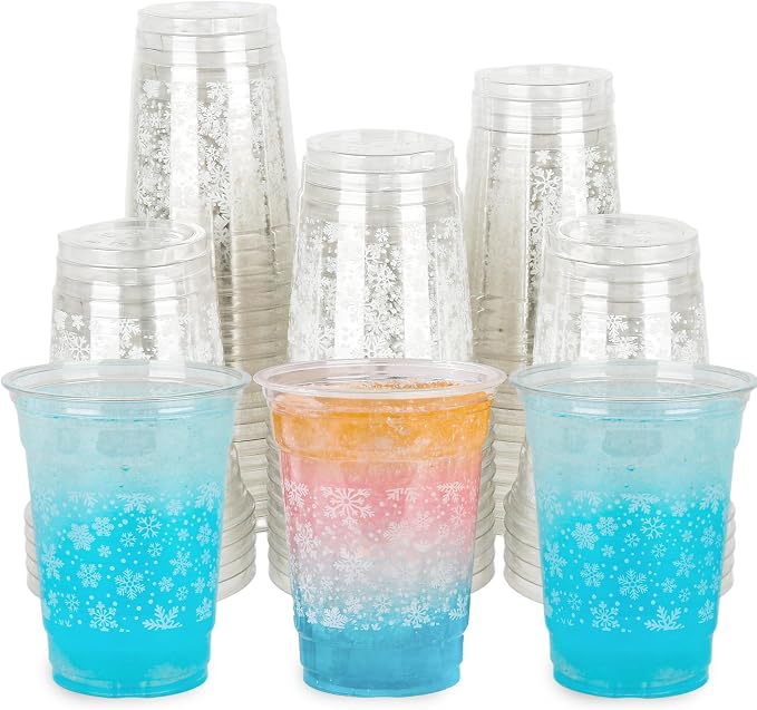 AimFun Snowflakes Plastic Cups Christmas Snowflake Disposable Party Cup Winter Holiday 12oz Clear Cups for Candy Beverage Snacks Birthday Baby Shower Party Supplies (50, Snowflakes)