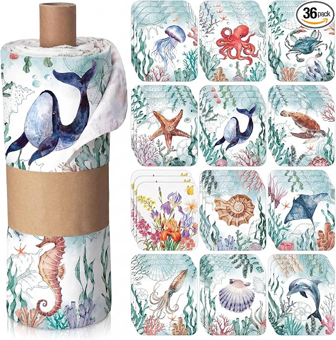 Tinlade 36 Pack Reusable Cleaning Cloths Washable Cotton Kitchen Towels Bulk 11.81 x 9.84 Inches Absorbent Dish Towels Roll for Home Kitchen Cleaning Supplies 12 Styles(Ocean Animal)