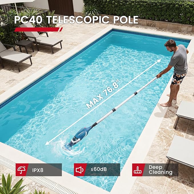 Enhulk PC40 Cordless Pool Vacuum with Pool Net, Upgraded 80 Mins Runtime, 18.5 GPM Powerful Suction, 76.8'' Telescopic Pole, 1 Filters, Handheld Pool Cleaner for Above Ground & Inground Pools