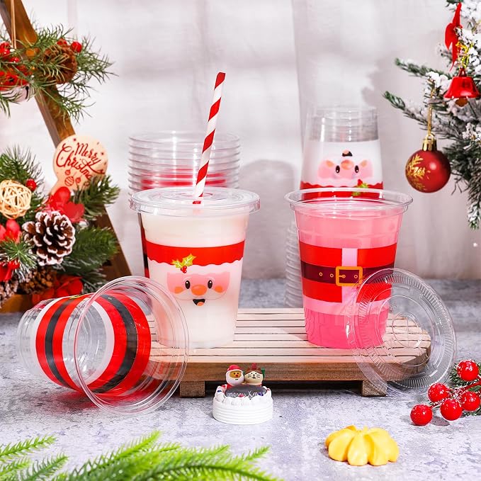 FYSUIMU 50Pcs 12Oz Christmas Disposable Plastic Cups with Lids and Straws Santa Claus Belt Cold Beverage Drinking Cup for Winter Holiday Xmas Party Favor Supplies