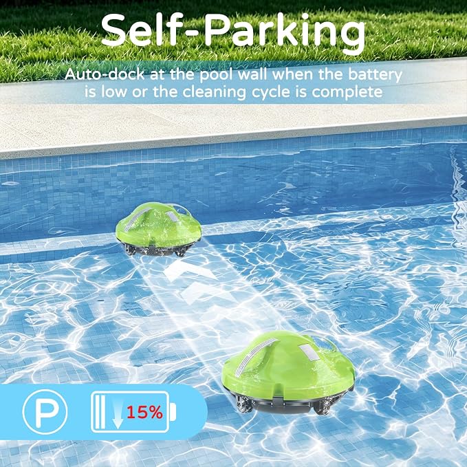 2026 New Cordless Robot Pool Vacuum, Automatic Pool Cleaner Robot with Dual-Motor, 130mins Runtime & Auto Parking Robotic Pool Vacuum for Above Ground Pool Up to 1100 Sq.Ft,JQR-V201,Green