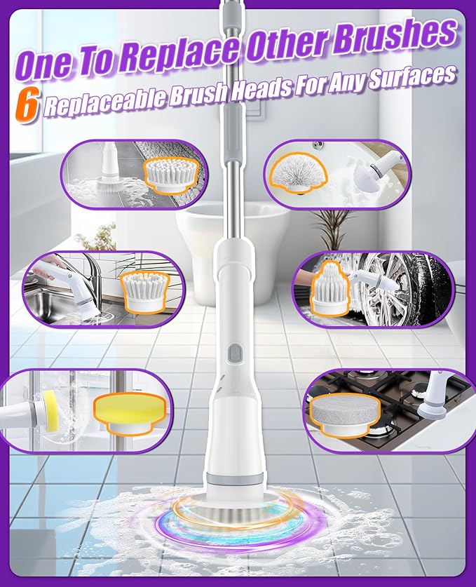 6-in-1 Electric Spin Scrubber, Cordless Power Scrubber with 47.2" Long Extendable Handle, 2-Speed Scrub Brush with Cleaning Scouring Pads, IPX7 Waterproof for Tile & Floor Cleaning, White-qb2