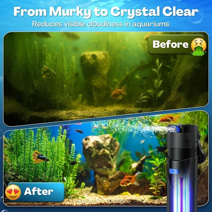 Flexzion Aquarium Filter U-V, 200 Gallon Fish Tank Filter with U-V Light for Green Control Cleaning, 200GPH Submersible Aquarium Pump for Turtle Tank, Freshwater Crystal Clear & Saltwater