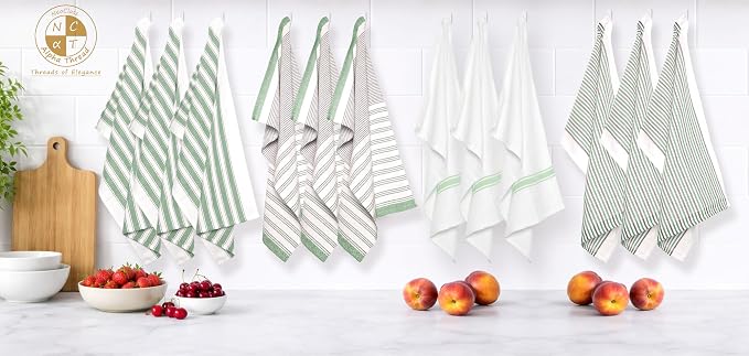 Pack of 12 Cotton Kitchen Towels Set, Dish Towels, Cleaning Rags, Kitchen Dish Cloths for Washing Dishes, Cotton Cleaning Cloths, Ultra Soft, Lightweight & Quick Dry, Flat Weave, 28"x18", Olive & Gray