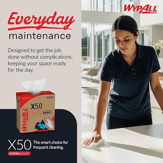 WypAll GeneralClean X50 Cloths Cleaning Wipes (83550), Pop-Up Box, Strong Towels for Extended Use, White (10 Packs of 168 Sheets, 1,680 Sheet Total)