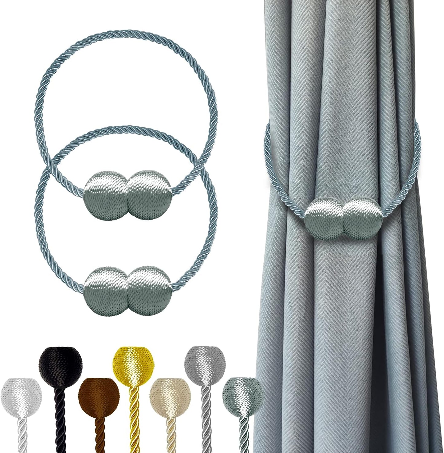 Hion Magnetic Curtain Tiebacks Gray Blue 2 Pack, Curtain Tiebacks Buckles Holdbacks Holders Hooks Clip for Home Bedroom Office Decorative Thick or Thin Curtain