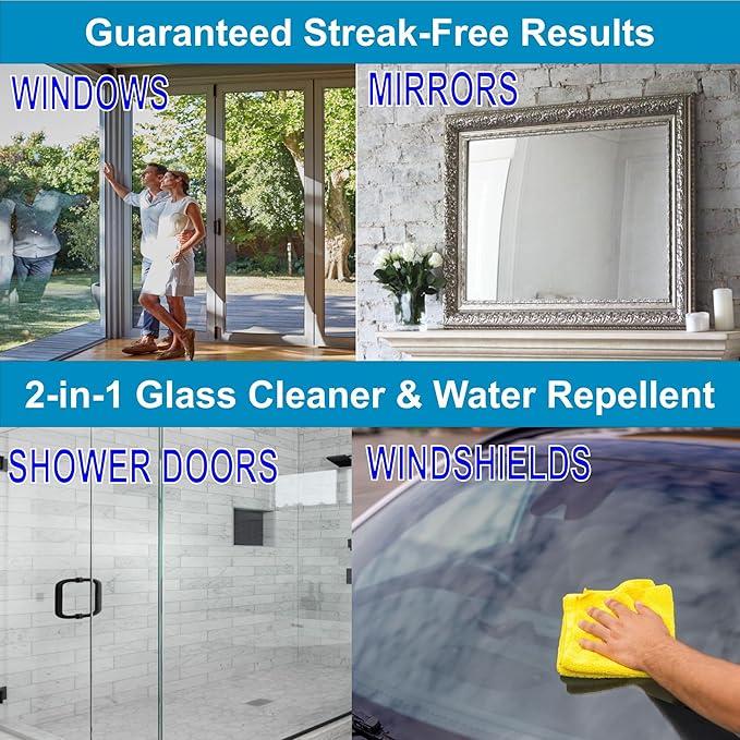 Glass CPR 2-in-1 Glass Cleaner and Water Repellent, 22 oz Spray plus 2 Microfiber Applicator Towels, Streak-Free for Shower Doors, Windshields, Mirrors, Hard Water Stain Formula, Made in USA