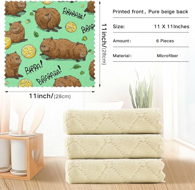 Mint Green Capybara and Lemon Kitchen Towels Dish Cloths Set of 6 Microfiber Cleaning Cloths for Cars Super Absorbent Machine