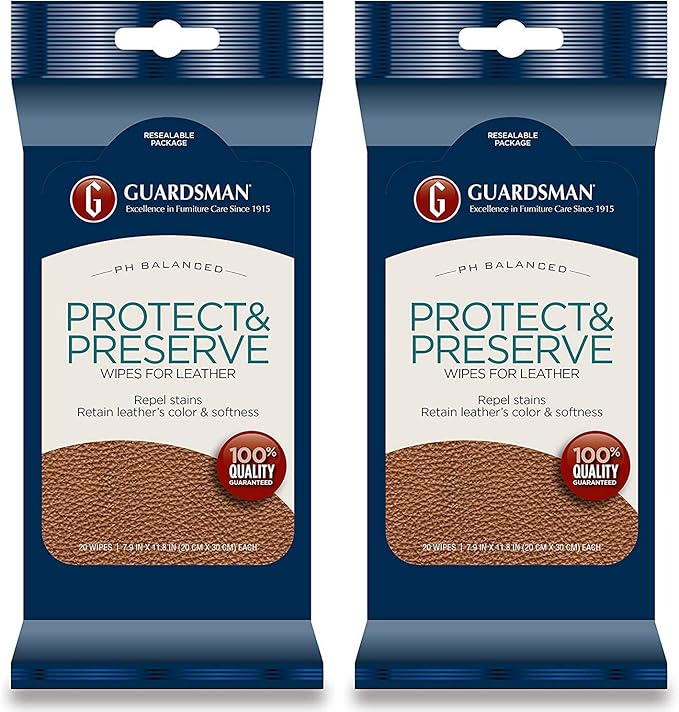 Guardsman Protect & Preserve Wipes for Leather 20 Wipes - Repels Stains, Retains Color and Softness, Great for Leather Furniture & Car Interiors - 2 Pack
