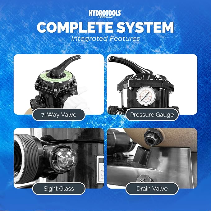 SWIMLINE HYDROTOOLS Pool Sand Filter Pump For Above Ground & Inground Pool | 24 Inch Cleaner System VARIABLE DUAL 2-SPEED 1.5 HP Horsepower 4980 GPH | For Pools Up To 22000 Gallons 7 Way Valve, Beige