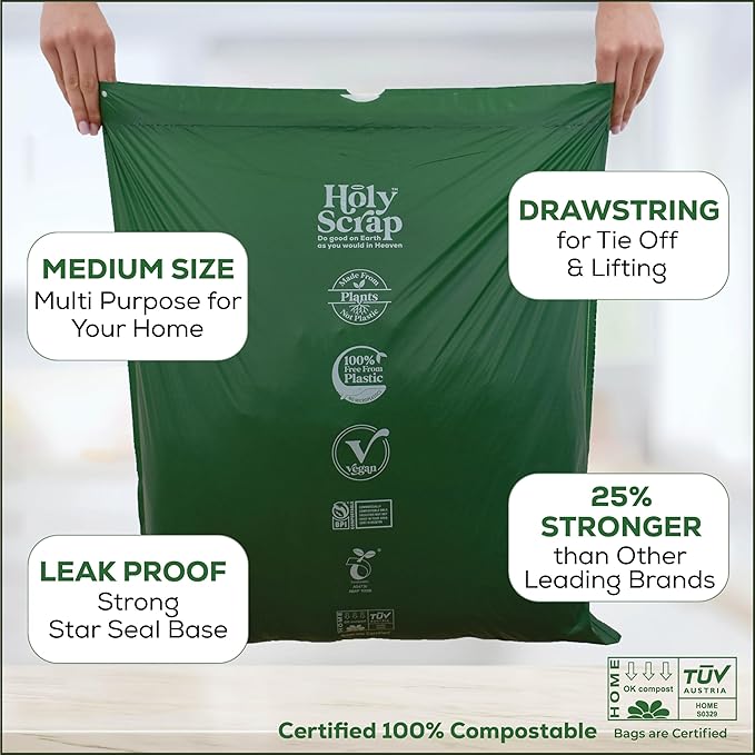 Medium Compostable Drawstring Trash Bags - 6-8 Gallon, 45 Pack | Plastic-Free Kitchen & Bathroom Garbage Bags with Drawstring Handles | Thick Bin Bag Liners for Green & Food Waste