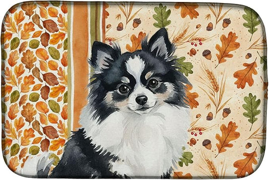 Caroline's Treasures Black and White Pomeranian Heirloom Fall Dish Drying Mat Absorbent Dish Drying Mat Pad for Kitchen Counter Dish Drainer Mat for Countertop, 14 x 21", Multicolor