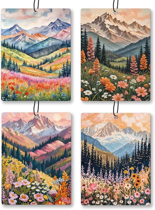 Maximalist Floral Mountain Car Air Freshener 4 Pcs, Boho Abstract Eclectic Flower Hanging Scents Air Freshener for Women Girls Gifts, Cute Scented Car Accessories Decor for Room Closet Drawer