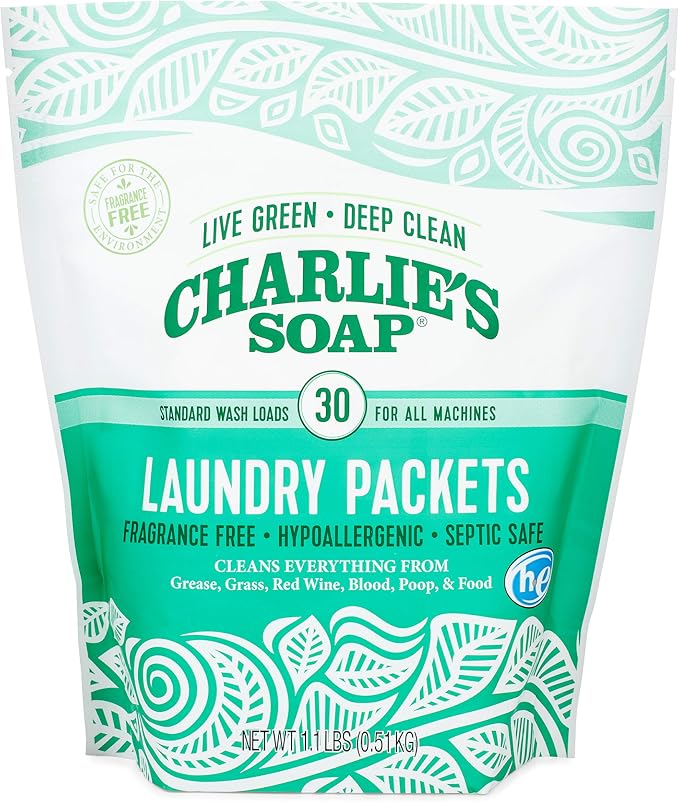 Charlie's Soap - Fragrance Free Laundry Packets - 30 Count (Three 30-count Bags, 90 Total Loads)