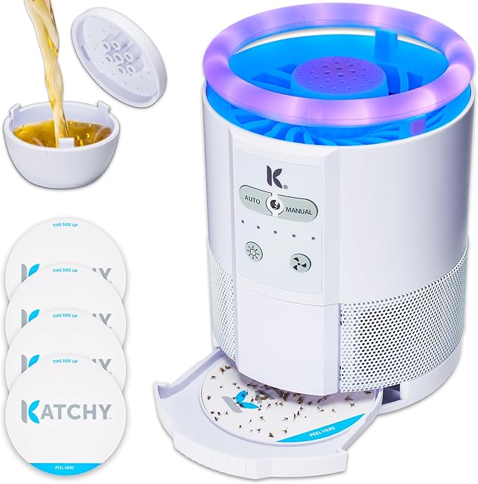 Katchy Duo – Indoor Fly Trap with Scent Pod – Day & Night Effective – Mosquito, Fruit Fly, Gnat & Small Moth Killer – Non-Zapper Trap with UV Bug Light & Fan Suction (White)