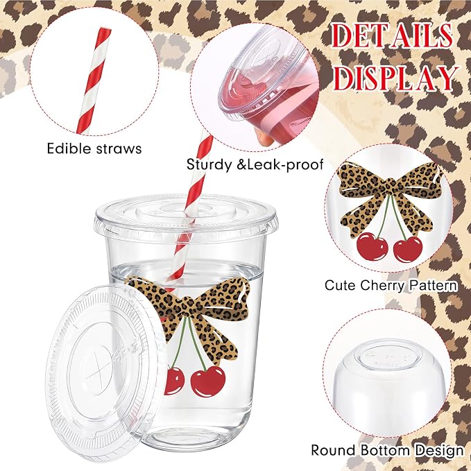 LemonRoad 50sets 16oz Leopard Cherry Cups Bow Cherry Birthday Party Decorations Supplies Cute Plastic Cups Disposable with Lids and Straws for Valentines Galentines Day Christmas Wedding Baby Shower