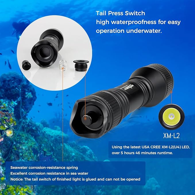 ORCATORCH D550 Dive Light 1000 Lumens Scuba Diving Flashlight 3 Modes IP68 Waterproof Underwater Lights Night Dive Submarine Torch with Wrist Mount for Outdoor Exploration Under Water Sports