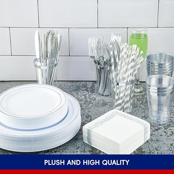 250 Count Silver Disposable Plastic Dinnerware Set, 50 Silver Plates, 25 Plastic Silverware, 25 Cups and Straws, 50 Napkins, Perfect for Wedding Party