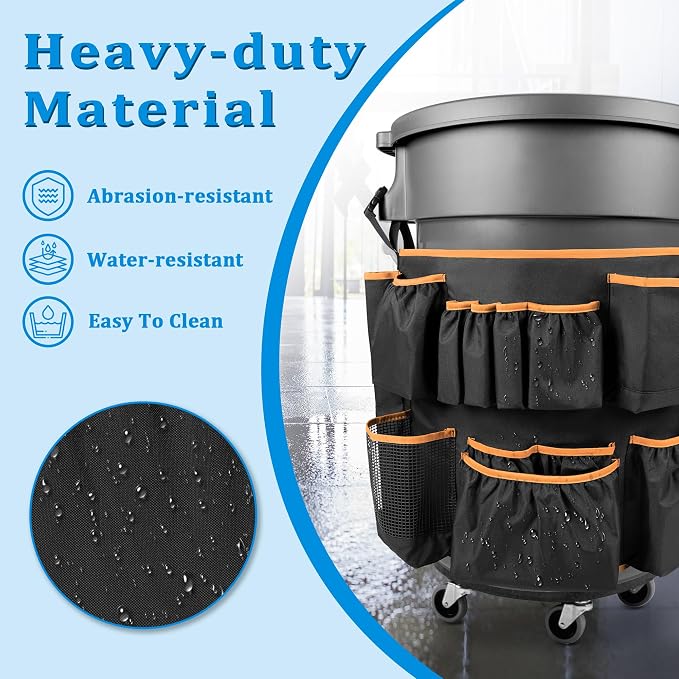 HODRANT Trash Can Caddy Bag Fit 32-55 Gallon Garbage Bin, Cleaning Caddy Bag with Adjustable Buckle for Industrial Trash Can, 13 Pockets Cleaning Tool Organizer for Cleaning Supplies, Orange Edge