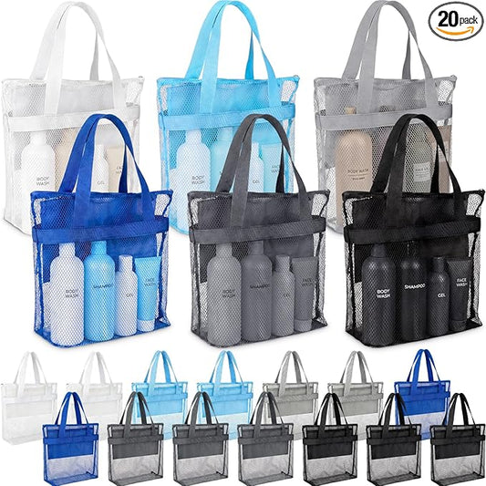 20 Pcs Mesh Shower Caddy Bags Portable Mesh Beach Bags Bulk with Zipper & 2 Pockets Hanging Toiletry and Bath Organizer for Gym Swimming Travel Camping College Dorms Beach (Classic Color)