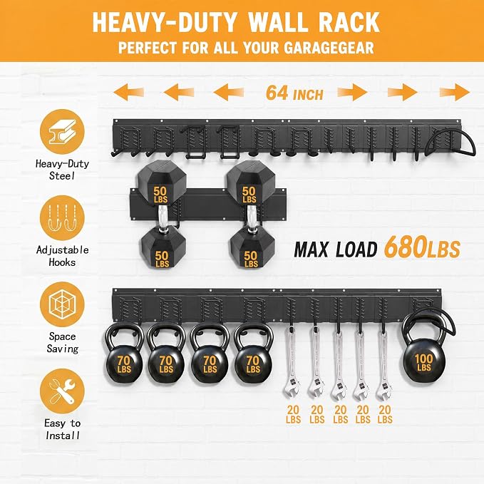 CBWLWJ Garage Tool Organizer Wall Mount, 64 inch Garage Wall Organizer, 680lbs Sturdy Garden Tool Organizer with 12 Adjustable Hooks, for Yard, Shed, Basement, Workshop(Black)