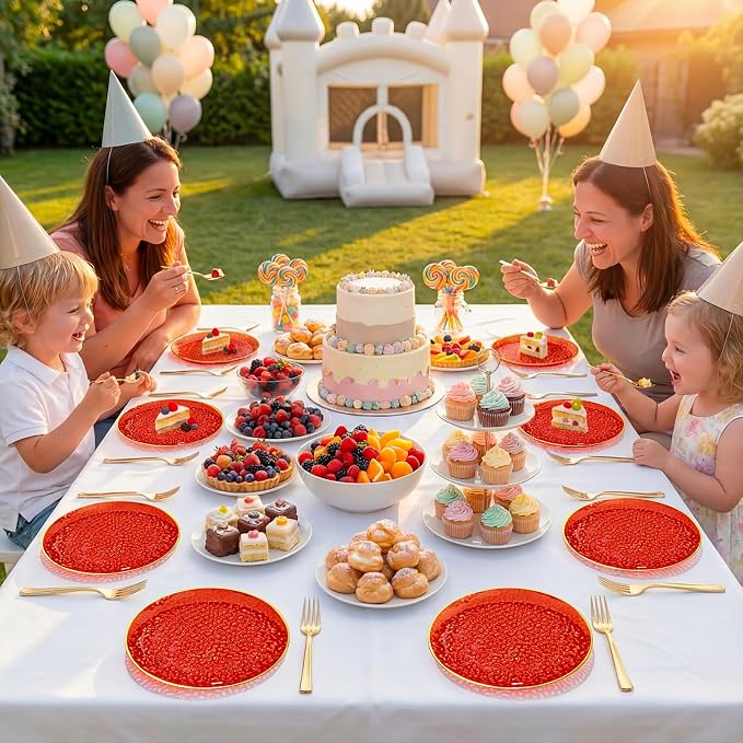DaYammi 240Pcs Red Plastic Plates Including 120Pcs Red Dessert Plates and 120Pcs Gold Forks,Hammered Party Plate,Appetizer plates Heavy duty Disposable Plastic Plate for Party Wedding Bridal Shower