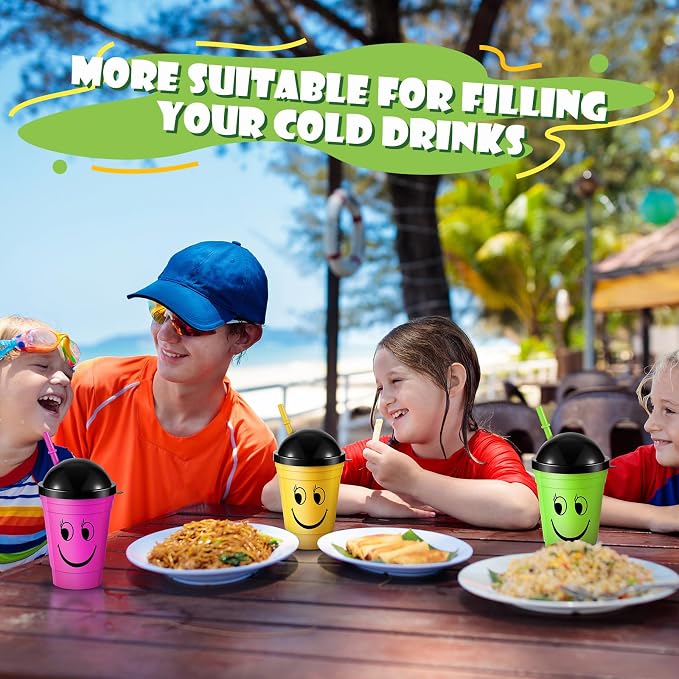 Bokon 24 Pack Smile Face Sipper Cups with Lids and Straws for Kids 12 oz Reusable Plastic Kids Cups with Lids for School Events Birthday Party Supplies, 4 Random Colors