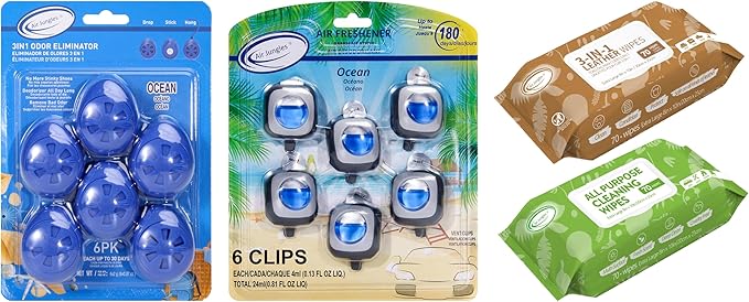 Air Jungles Ocean Scent Odor Eliminator Balls (6 Count), Car Air Freshener Vent Clips (6 Pack), 3-in-1 Leather Cleaner Wipes (70 Ct), and All Purpose Cleaning Wipes (70 Ct)