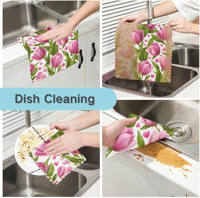 Pink Fresh Tulips and Hearts Kitchen Towels Dish Cloths Set of 6 Microfiber Cleaning Cloths for Cars Super Absorbent Machine