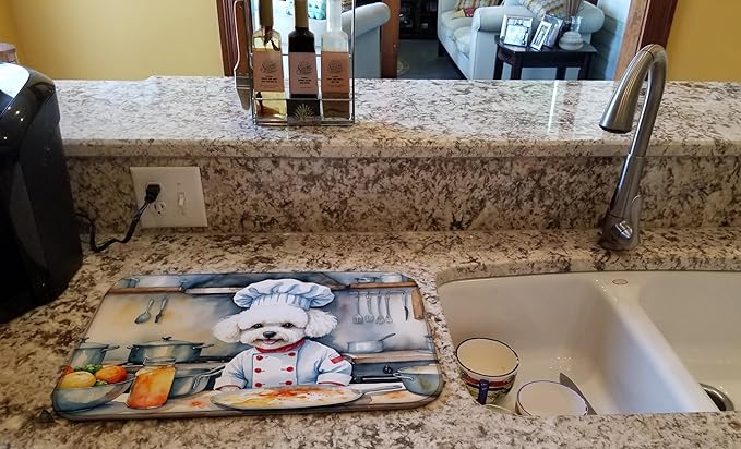 Caroline's Treasures DAC6208DDM Bichon Frise The Chef Dish Drying Mat Absorbent Dish Drying Mat Pad for Kitchen Counter Dish Drainer Mat for Countertop, 14 x 21", Multicolor