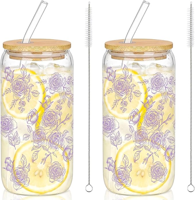 Sliner 2 Pcs Purple Floral Glass Cups Flower Gifts Drinking Glasses 16 oz Iced Coffee Tumbler with Lid Straw Beer Can Tumbler Cute Holiday Gifts for Home Office Decorations