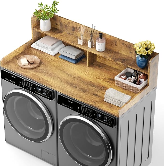 Washer Dryer Countertop with Non-Slip Pads, 2.75" H Guard, 54" W x 27.5" D Wood Laundry Countertop Cover, Large Space Washer Dryer Topper for Laundry Room Organization(Tiger Stripe)