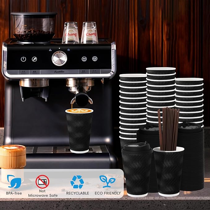 16 oz 100 Pack Corrugated Ripple Wall Disposable Coffee Cups with Lids and Straws, Heavy Duty Insulated Cups for Hot Beverage or Cold Drinks, Bulk for Restaurants, Offices, Coffee Shops(Black)