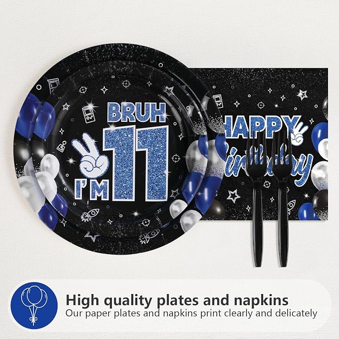 96 Pcs 11th Birthday Decorations for Boys Graduation Blue and Black Plates and Napkins Disposable Glitter It's My 11th Birthday Party Supplies for Boys Kids Teenager 11 Years Old Party Decor Serves 24