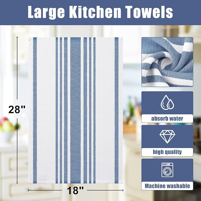 Homaxy Premium Kitchen Towels 18”x 28”, Large Cotton 380 GSM Kitchen Hand Towels, Stripe and Terry Dish Towel, Highly Absorbent Tea Towel Set with Hanging Loop, 3 Pack, Navy Blue