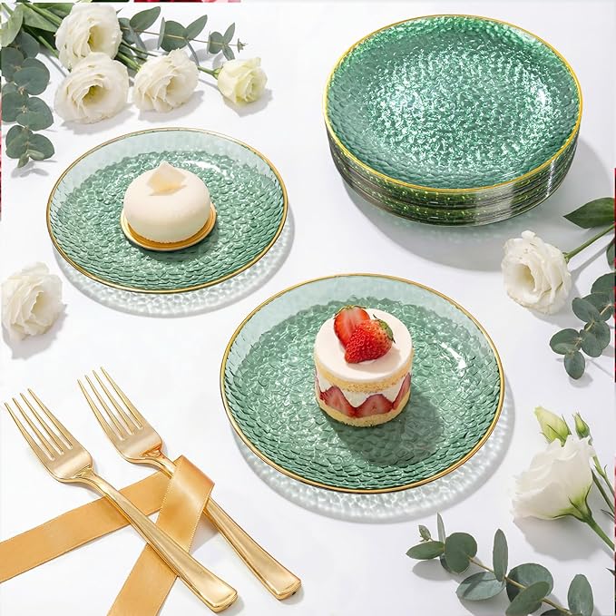 DaYammi 240Pcs Green Plastic Plates Including 120Pcs Dessert Plates and 120Pcs Gold Forks,Hammered Party Plate,Green Gold Appetizer plates Heavy duty Disposable Plastic Plate for Party Birthday Dinner
