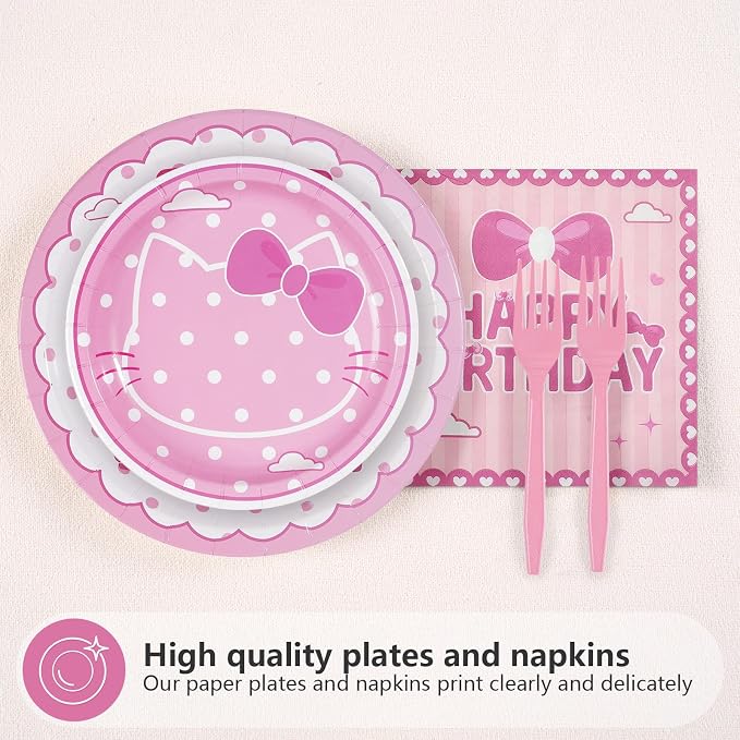 96Pcs Pink Kitten 7th Birthday Party Decorations Pink Cat Dot Plates and Napkins Tableware Set Cartoon Cat Theme 7th Birthday Decorations for Seven Years Old Girls Party Supplies Serves 24