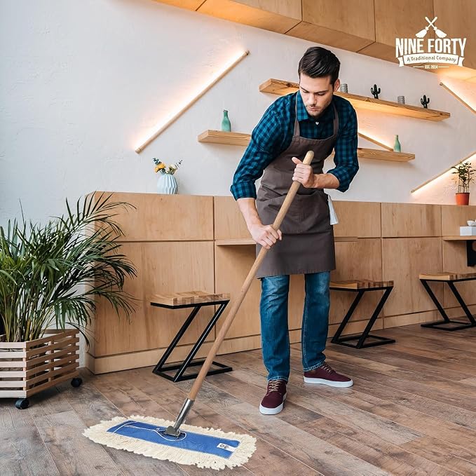 Nine Forty 60" Premium Cotton Dust Mop Kit - Heavy Duty Mop Head with Wood Handle for Industrial, Commercial, and Residential Cleaning - Dry Floor Duster for Hardwood Surfaces - White