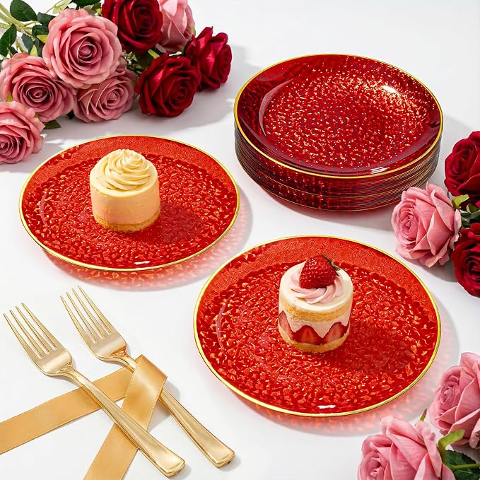 DaYammi 240Pcs Red Plastic Plates Including 120Pcs Red Dessert Plates and 120Pcs Gold Forks,Hammered Party Plate,Appetizer plates Heavy duty Disposable Plastic Plate for Party Wedding Bridal Shower