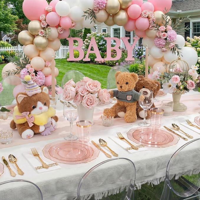 KIRE 210Pcs Clear Pink Plastic Plates with Gold Rim - Disposable Pink Plates for Party - 30 for Dinner 30 for Dessert 90 Silverware 30 Napkins 30Cups for Upscale Wedding/Party/Baby Shower