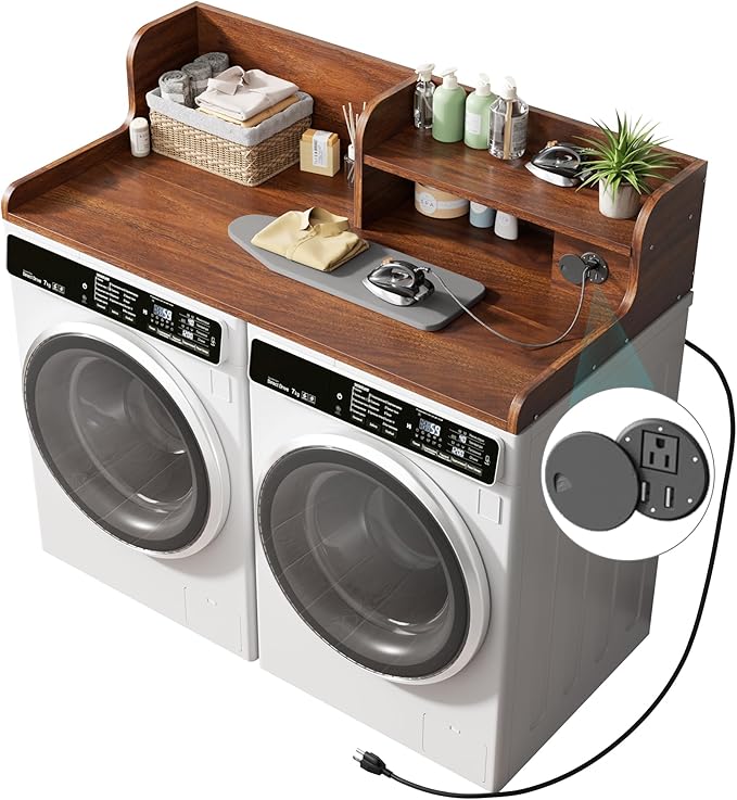 DTK Washer Dryer Countertop with Charging Station, 2 Tier Laundry Countertop with Anti-Slip Strips, 27.55" Depth x 54" Width, Wood Dryer Cover with Shelf, Walnut