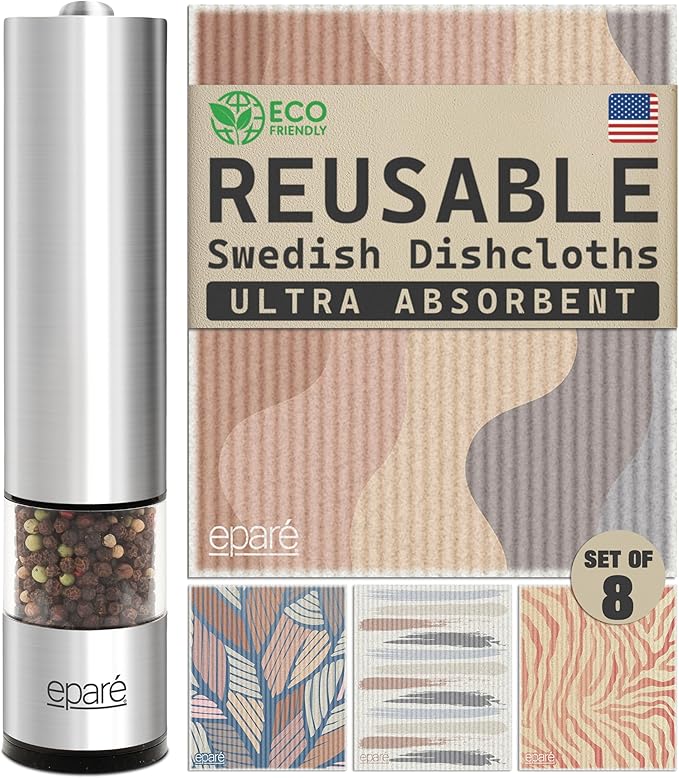 Eparé Bundle: Electric Salt or Pepper Grinder & Reusable Swedish Kitchen Dishcloth - Battery Operated Ceramic Burr Peppermill & Stylish & Washable Cellulose Paper Towel & Sponges Alternative