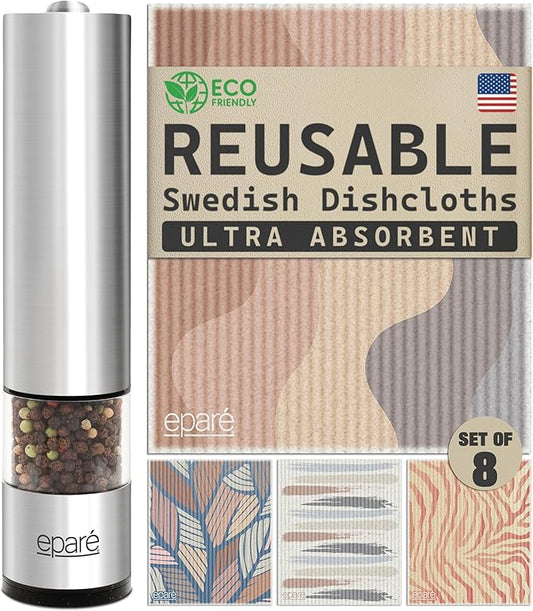 Eparé Bundle: Electric Salt or Pepper Grinder & Reusable Swedish Kitchen Dishcloth - Battery Operated Ceramic Burr Peppermill & Stylish & Washable Cellulose Paper Towel & Sponges Alternative