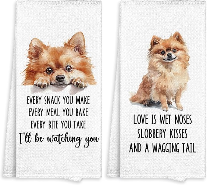 Pomeranian Kitchen Towel Gifts for Dog Lovers Decorative Set of 2, Pomeranian Dish Towels Dishcloths Tea Towels, Pom Waffle Weave Microfiber Hand Towel for Kitchen Bathroom Decor 16x24