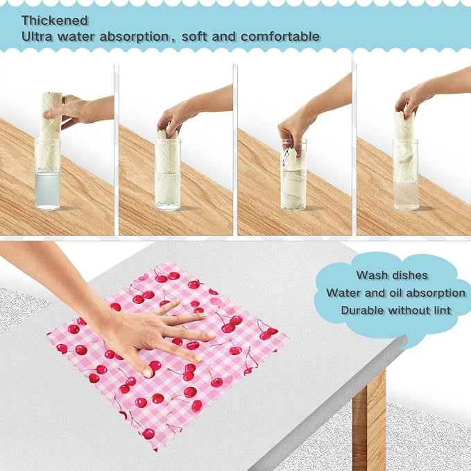 Pink Juicy Checkered Cherry Kitchen Towels Dish Cloths Set of 6 Microfiber Cleaning Cloths for Cars Super Absorbent Machine