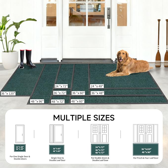 100pointONE Front Door Mat, Heavy Duty Indoor Outdoor Doormat for Entryway, 48" x 36" Low Profile Outdoor Mats for Home Entrance, Stain and Fade Resistant Welcome Mat for High Traffic Area, Green