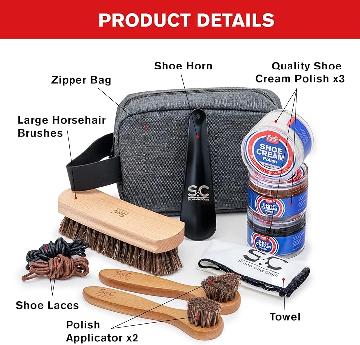 Stone and Clark 11 PC Shoe Shine Kit - Premium Shoe Polish Kit for Shoes - Black, Brown & Neutral Shoe Creams with Brushes, Laces, Buffing Cloth, Shoe Horn & More - Travel Essentials Shoe Care Kit