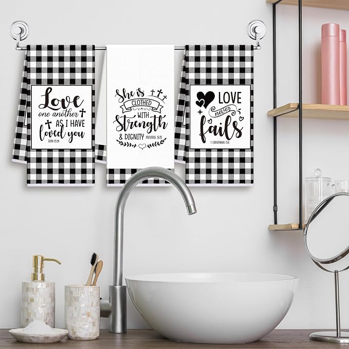 Hahafelt 8 Pcs Bible Verse Kitchen Towels Religious Christian Mother's Day Kitchen Gifts Black and White Check Dish Tea Towels Scripture Dishcloths for Women Men Bathroom Home Housewarming