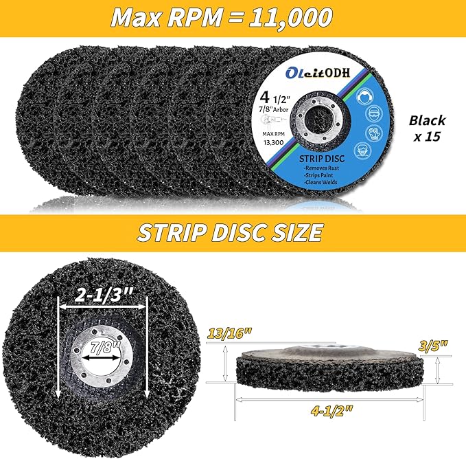 15 Pcs 4-1/2" x 7/8" Strip Discs Bulk, Paint Stripping and Rust Removal Wheels for Angle Grinders, Abrasive Grinding Discs for Metal, Wood, and Fiberglass, Black